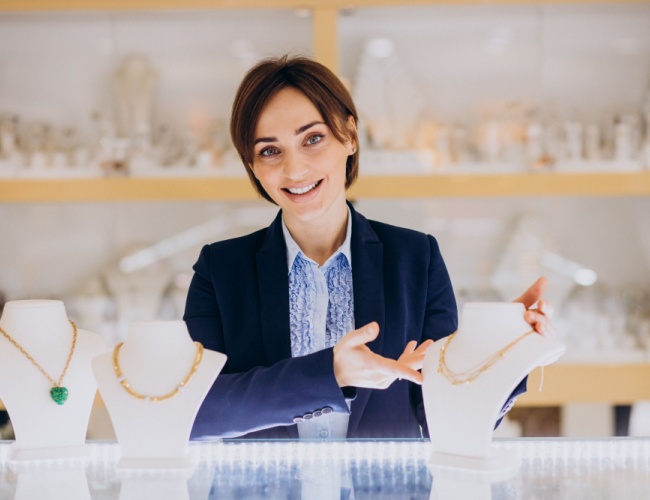 a jeweler standing in a jewelry store showcasing gold necklaces