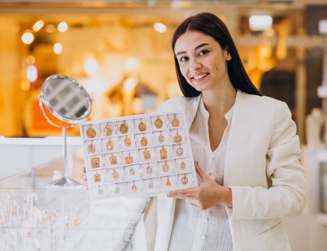 woman holding a box containing pendants