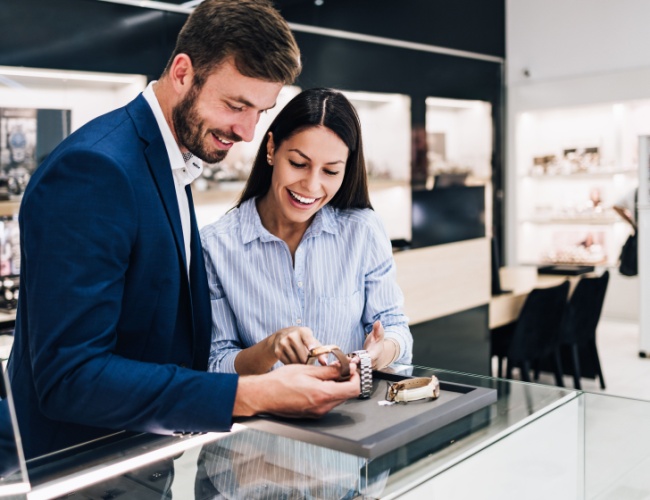 a jeweler showcasing jewelry to a customer