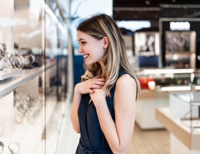 A lady smiling as she gazes at a jewelry display case