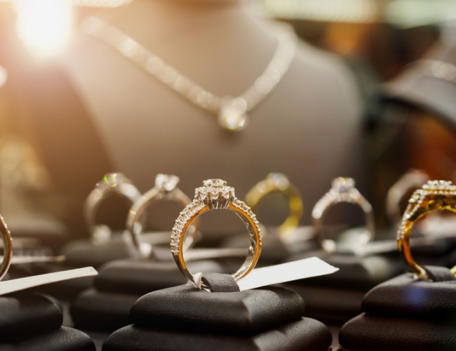 a collection of engagement rings in a jewelry display case